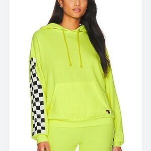 Aviator Nation Neon Yellow Checkered Hoodie Sweatshirt Size XS